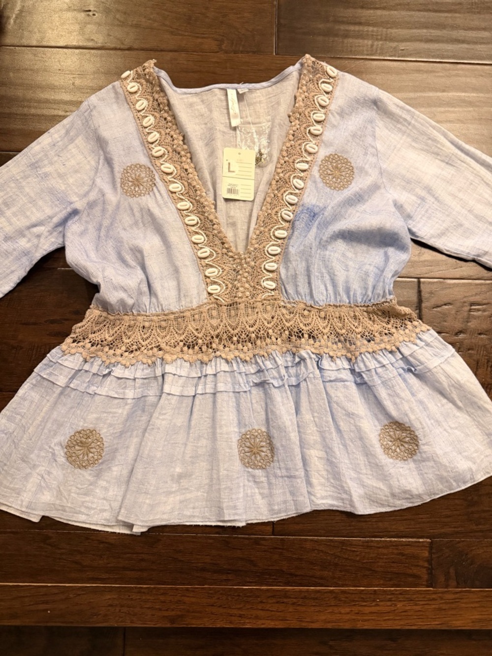 Light Blue Peasant Top with Tan Crochet Trim and Seashells